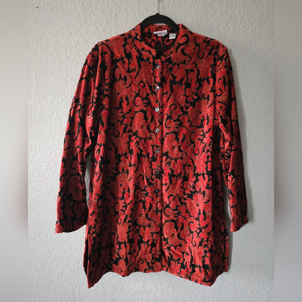 Chico's Red Black Paisley Embroidered Collectible Cotton Jacket Size 2